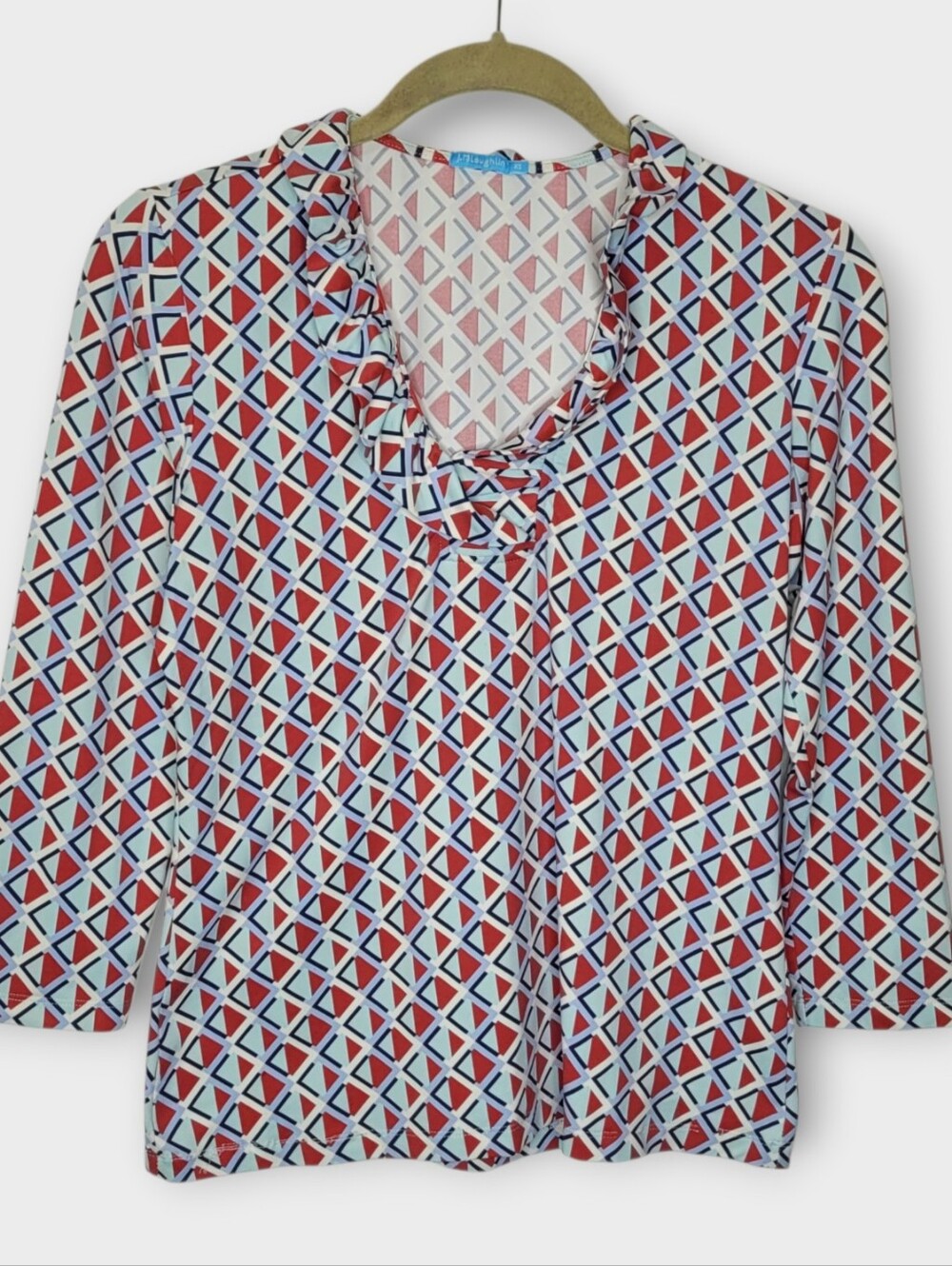 J McLaughlin Durham Ruffle Neck Top XS Blue Red Geometric Catalina Cloth